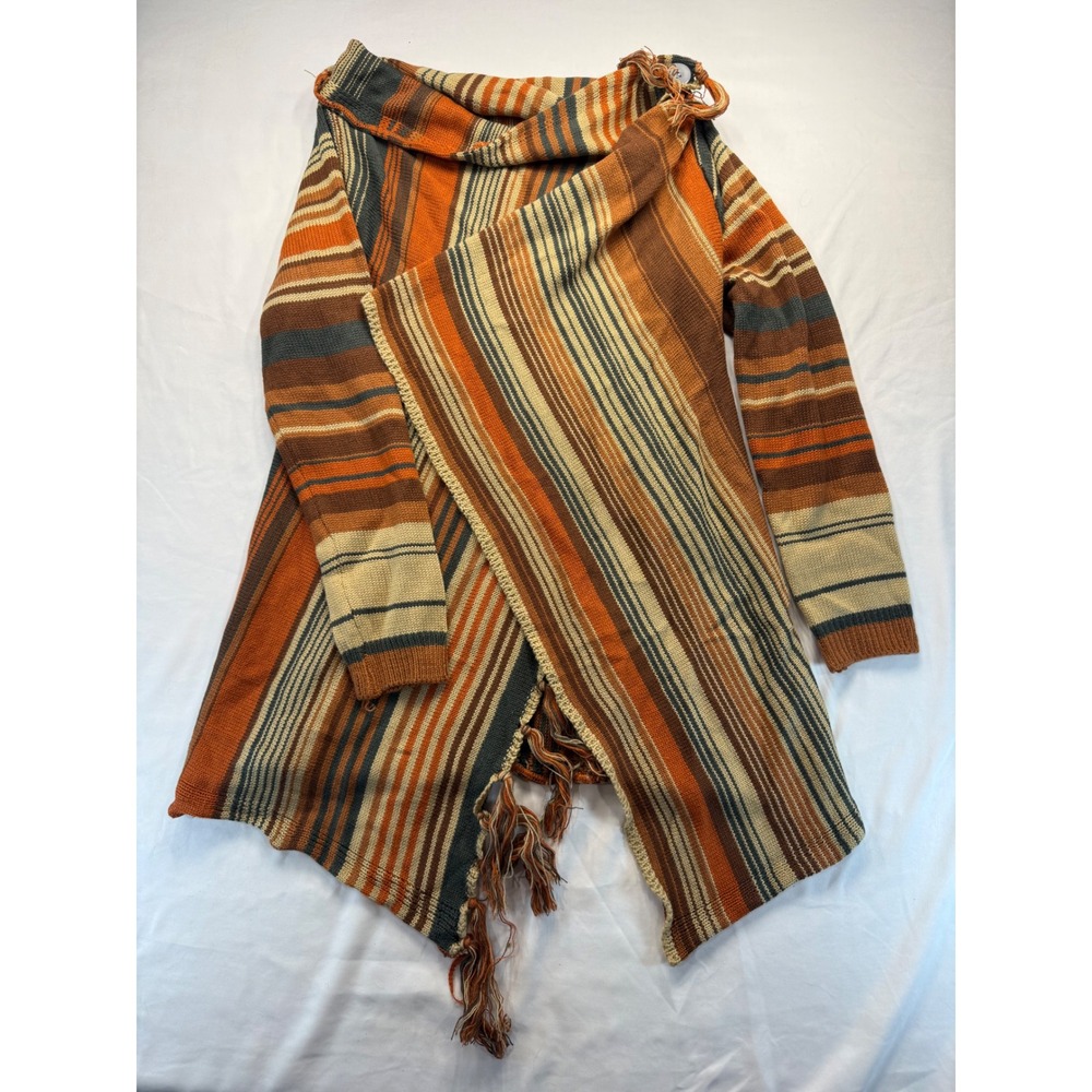 Orange Brown Striped Knit Draped Wrap Cardigan Fringe Cowl Neck Sweater